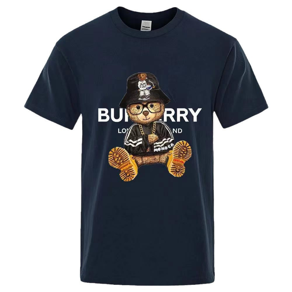 Factory direct stock of trendy new men's T-shirts with bear print, loose fit, crew neck, and sporty design.