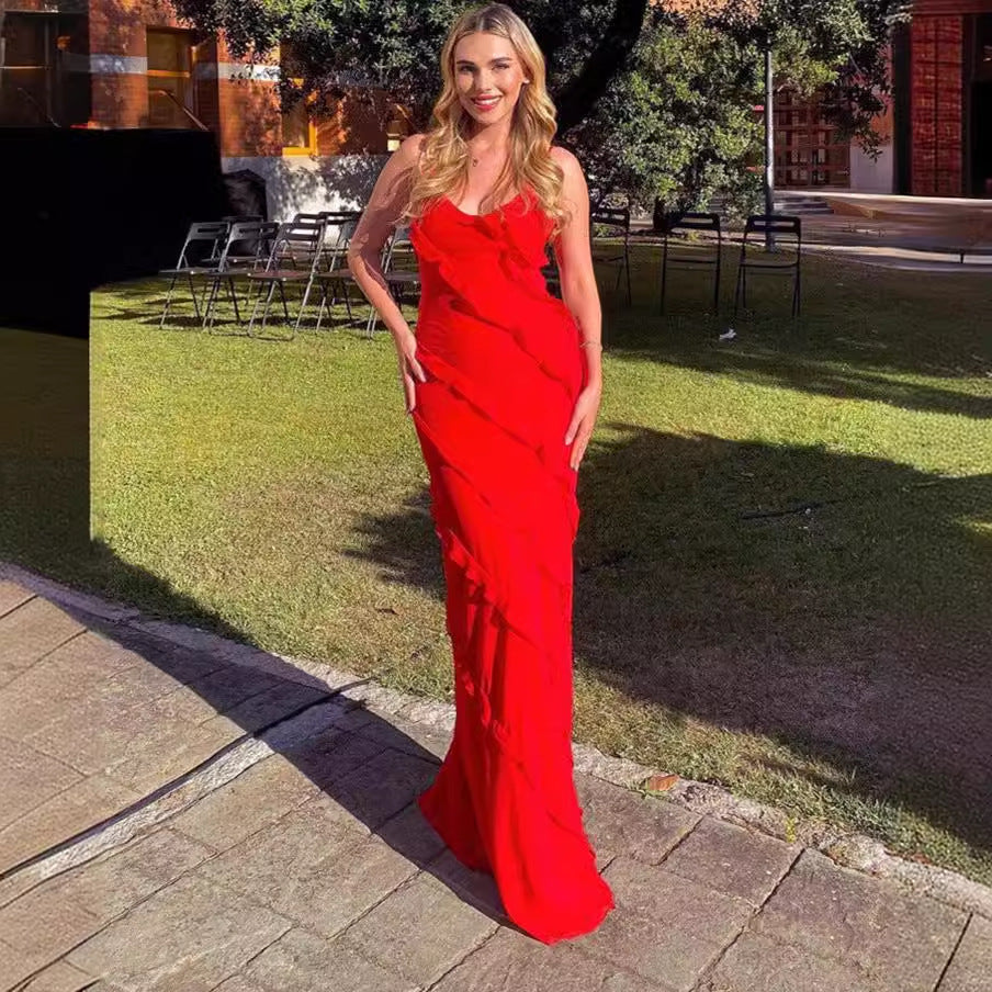 European and American foreign trade women's spring and summer sexy backless sling U-neck off-shoulder wave slim side slit dress long