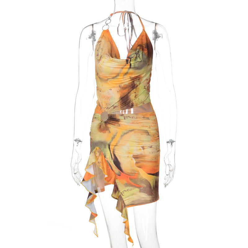 Amazon cross-border women's clothing 2024 summer new fashion print sexy backless lace-up dress foreign trade wholesale