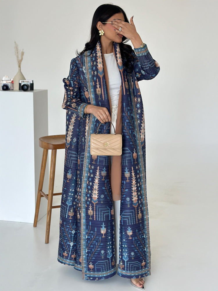 Middle Eastern robes for women Issey Miyake pleated printed cardigan long coat Arab robes large size Abaya
