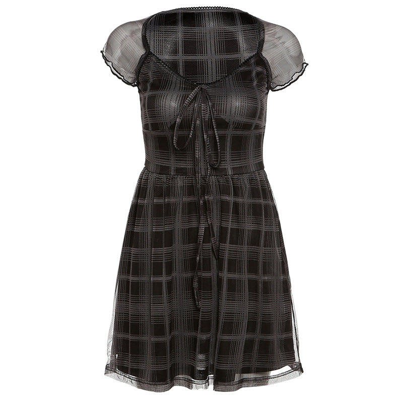 Fashion trend 2021 European and American style foreign trade spring and summer new products women's sexy slim plaid square neck dress women