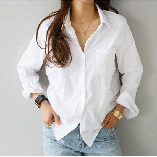 2023 Spring New Solid Color Pure Cotton Bottom Long-sleeved Shirt OL Professional Slim Slim Lapel Shirt Women
