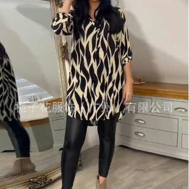 Women's cross-border clothing, spring and autumn new style, Amazon cross-border European and American fashion patterned V-neck plus size mid-sleeve top shirt