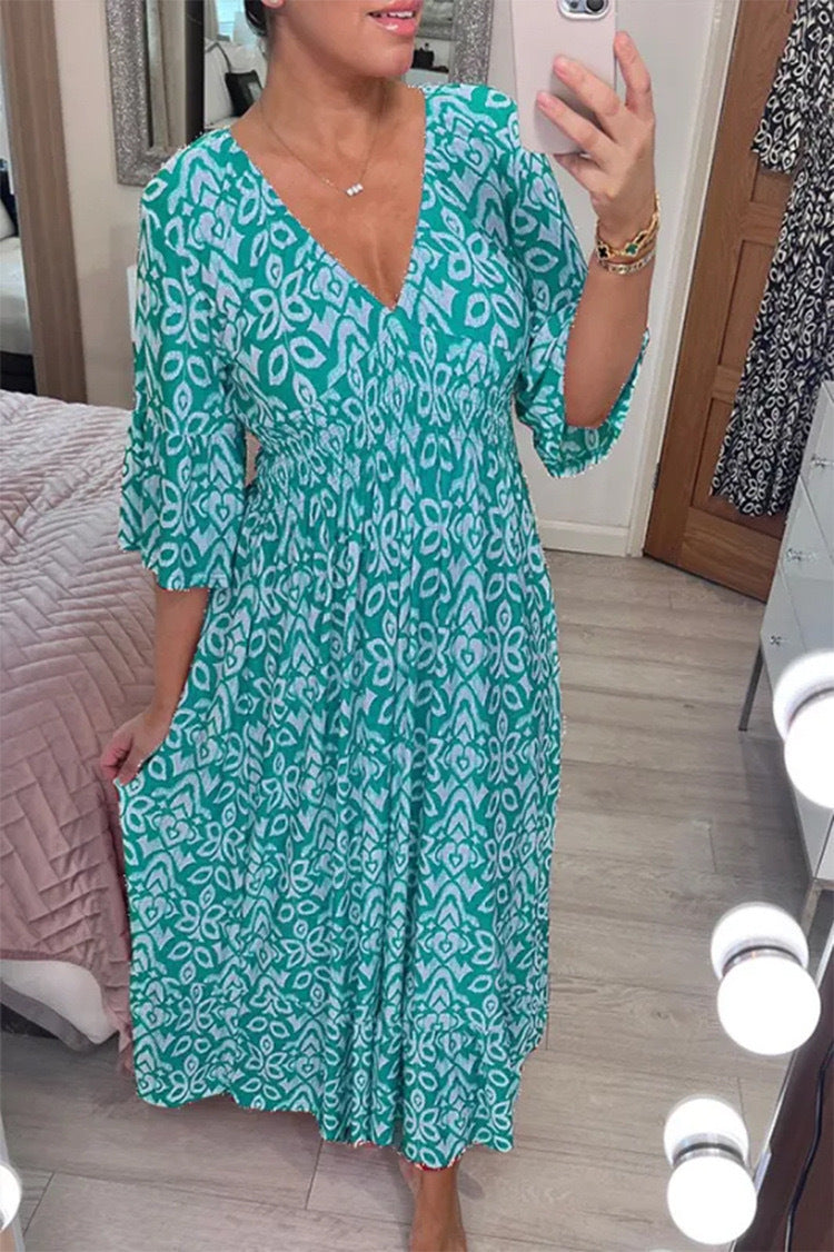 2024 Summer New Amazon Super Fairy V-neck Dress Seaside Vacation Beach Dress Printed Loose Long Dress Women
