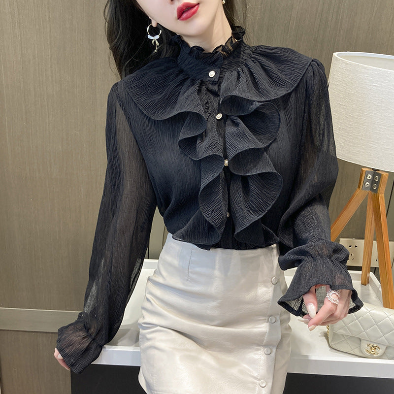 Real shot! 2022 new autumn ruffled long-sleeved chiffon shirt, super comfortable and solid color for commuting and reducing age