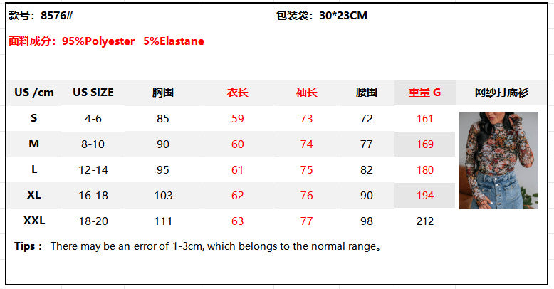 Cross-border e-commerce, Europe and America, Amazon TK2025 best-selling pullover turtleneck long-sleeved lace floral mesh base layer T-shirt for women
