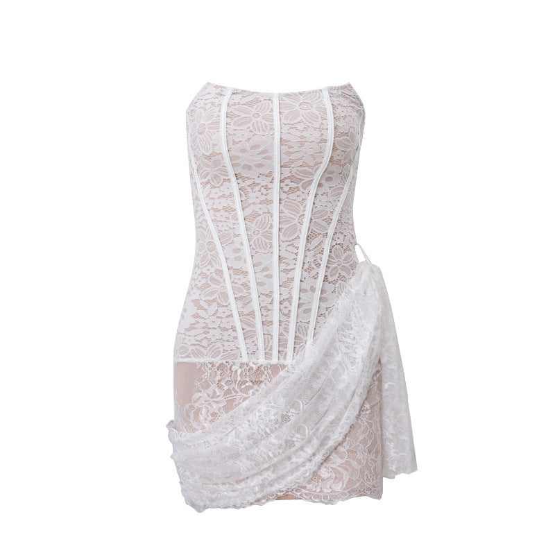 Amazon 2023 autumn new women's clothing sexy lace mesh one-shoulder tube top slightly transparent slim dress female