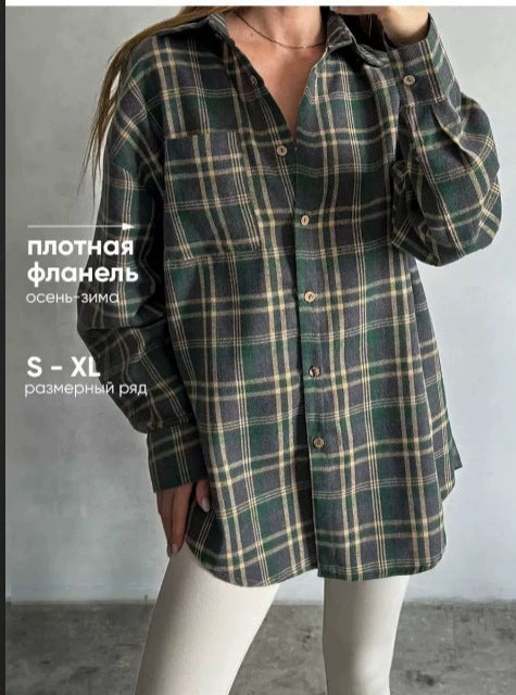 Amazon 2025 Spring and Autumn Cross-border Retro All-match Lapel Loose Shirt #Plaid Long Sleeve Pocket Women's Shirt