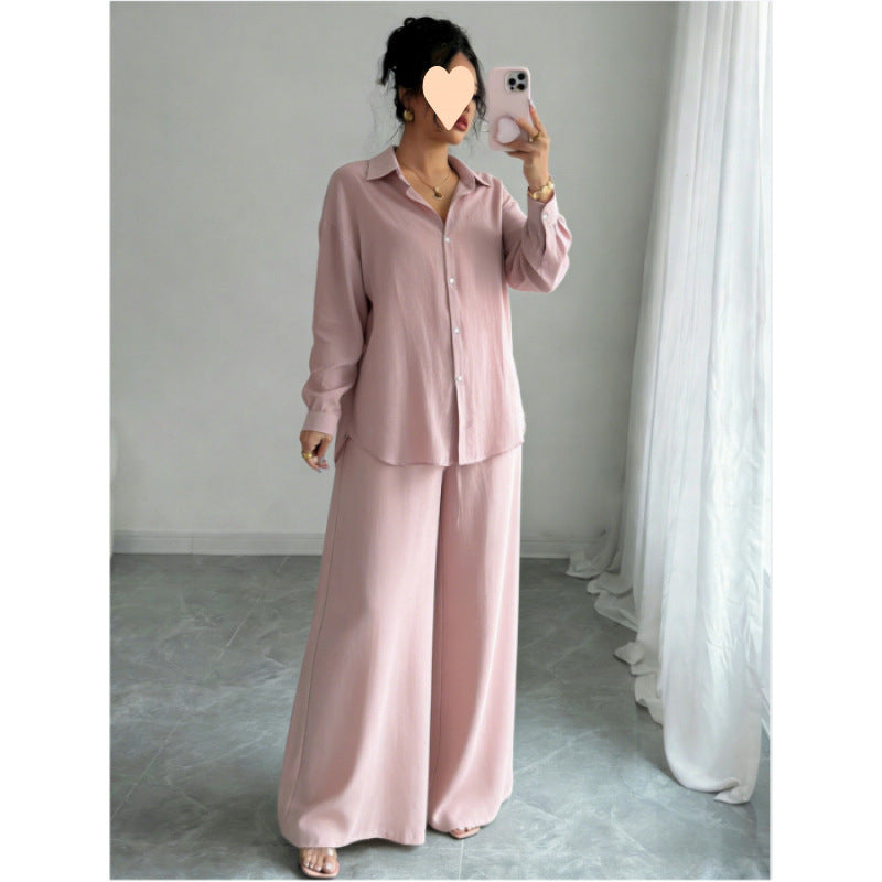 European and American cross-border spring new style elegant fashion women's two-piece set plus size faux linen shirt set high waist loose trousers