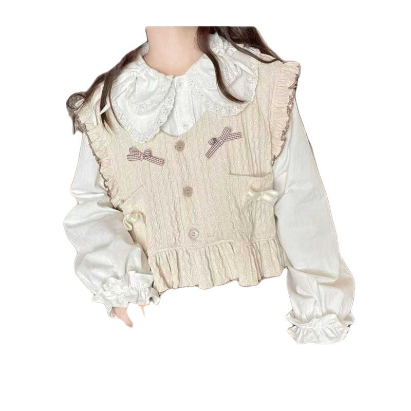 Inner shirt, autumn Japanese style soft girl cute lace doll collar lace-up long-sleeved top as base layer