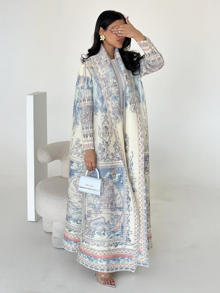 Middle Eastern robes for women Issey Miyake pleated printed cardigan long coat Arab robes large size Abaya