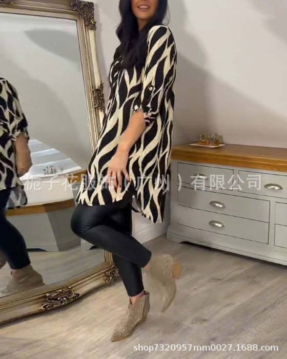 Women's cross-border clothing, spring and autumn new style, Amazon cross-border European and American fashion patterned V-neck plus size mid-sleeve top shirt