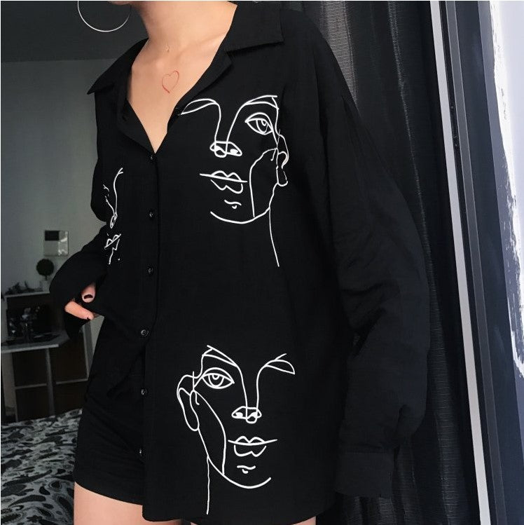 Amazon AliExpress printed cardigan long-sleeved shirt Harajuku style bf mid-length shirt