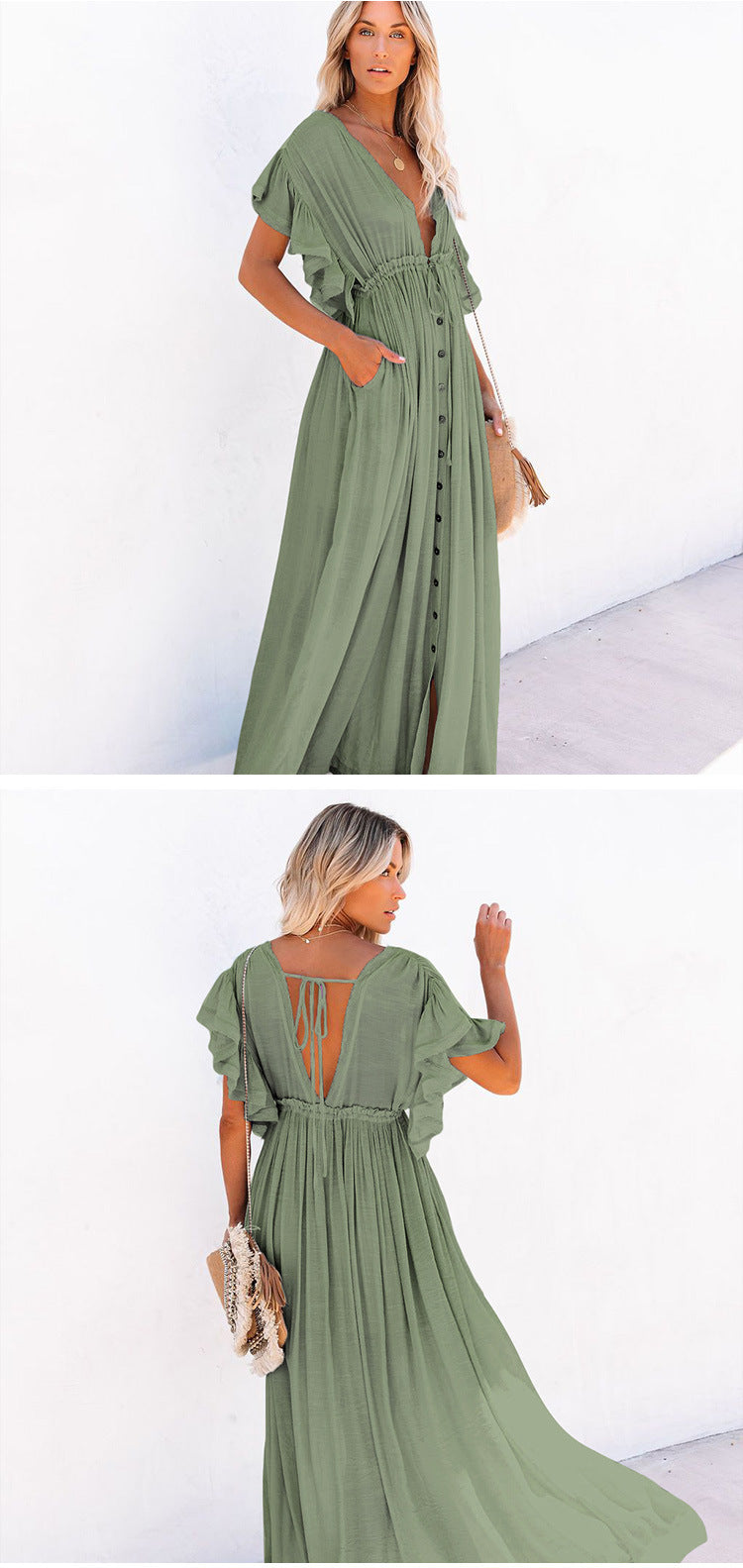 2023 cross-border foreign trade independent station new solid color beach cover-up long skirt sun protection shirt Hawaii seaside vacation
