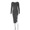 Solid color long-sleeved hip-covering skirt European and American cross-border 2023 winter new women's sexy backless slit dress dropshipping