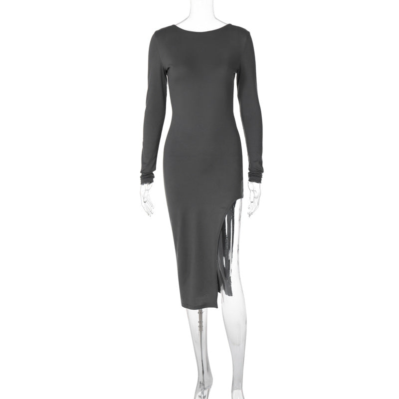 Solid color long-sleeved hip-covering skirt European and American cross-border 2023 winter new women's sexy backless slit dress dropshipping