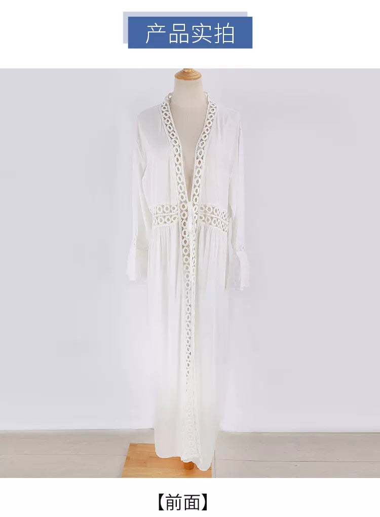 Seaside vacation bikini blouse loose long beach skirt man cotton with sun protection hot spring swimsuit shawl cardigan