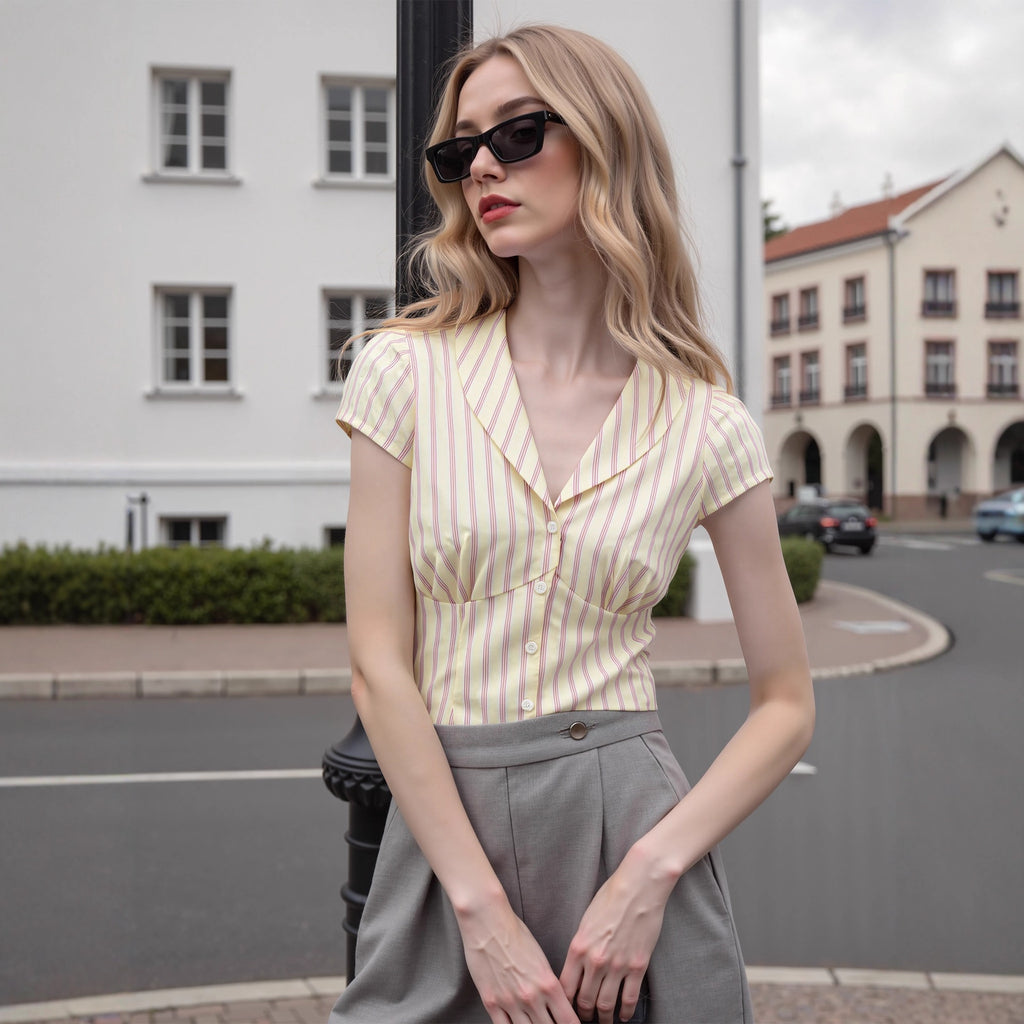 New cross-border European and American style Amazon casual ruched fashion top French women's striped button short-sleeved shirt