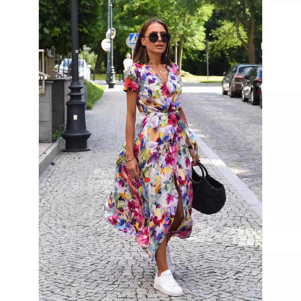 Amazon hot sale new summer European and American printed V-neck short-sleeved lace-up adjustable waist slit long skirt dress