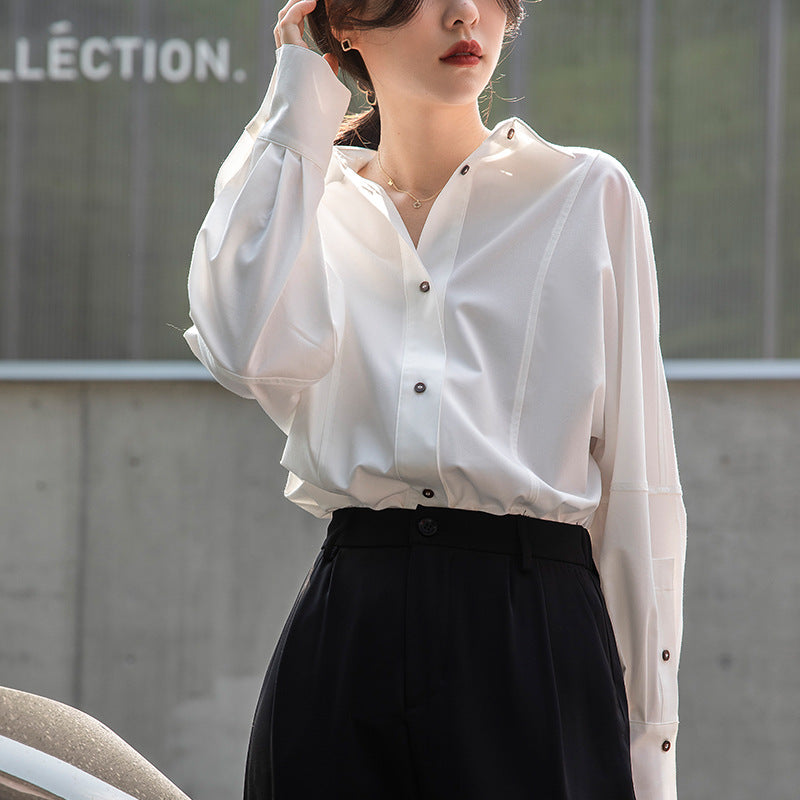 French-style women's shirt, 2026 spring and autumn, white top, new design, layering, niche style, long-sleeved, wrinkle-resistant shirt.