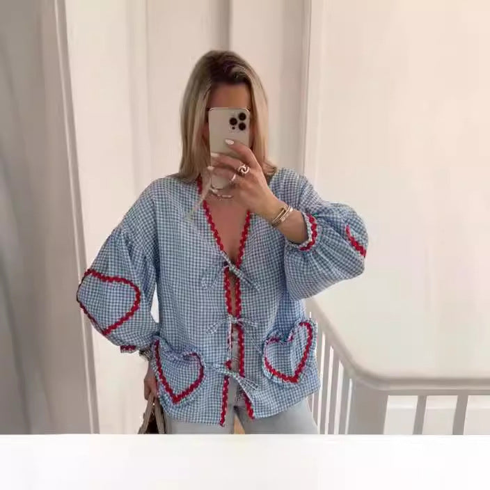 GY25071 Fashion contrast color plaid lantern sleeve top