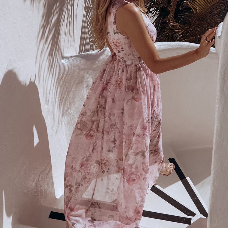 2021 cross-border new spring and summer fashion trend beach European and American printed chiffon sleeveless split V-neck dress