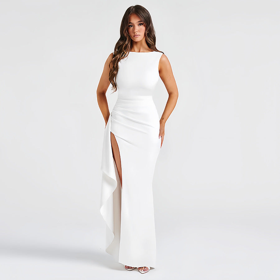 2024 Summer New European and American Style Cross-border Solid Color Sleeveless High Slit Sexy Backless Dress