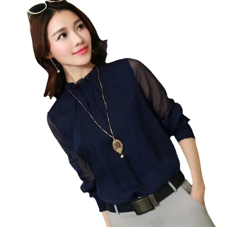 Chiffon shirt women's spring and autumn 2023 new design niche trendy black long-sleeved lace V-neck top women
