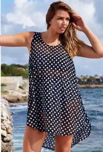Cross-border foreign trade hot-selling hot-selling 2023 spring and summer fashion versatile printed polka dot round neck short and medium skirt women's dress