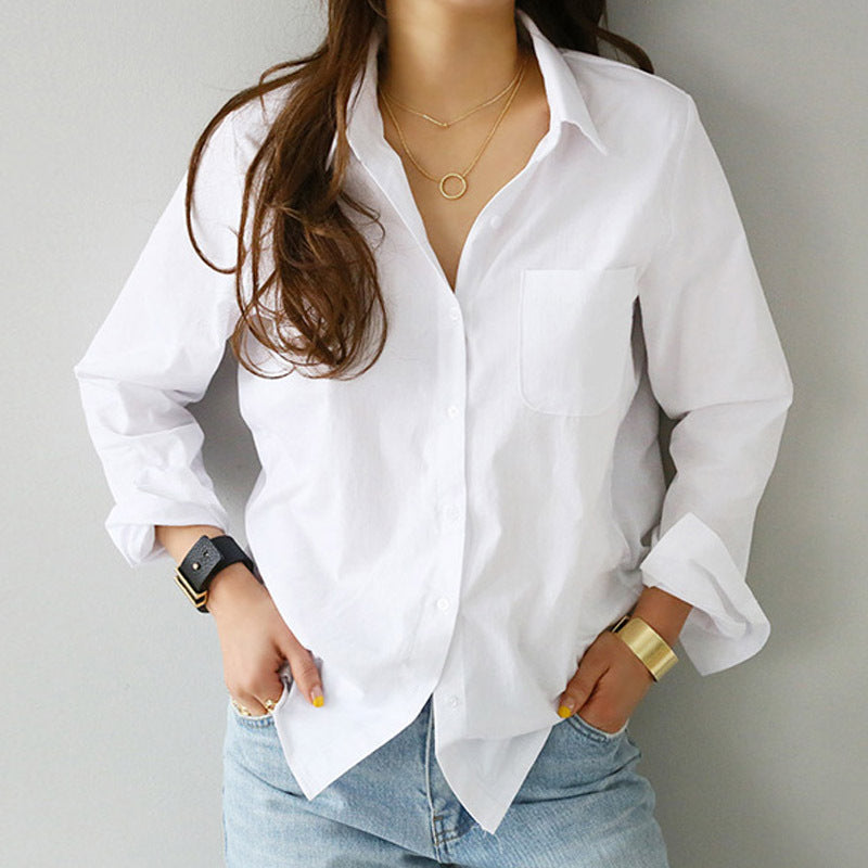 2023 Spring New Solid Color Pure Cotton Bottom Long-sleeved Shirt OL Professional Slim Slim Lapel Shirt Women