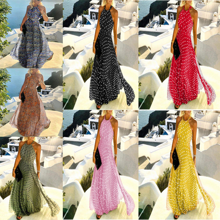 2021 European and American foreign trade new style round neck sleeveless printed pleated dress women's dress long skirt