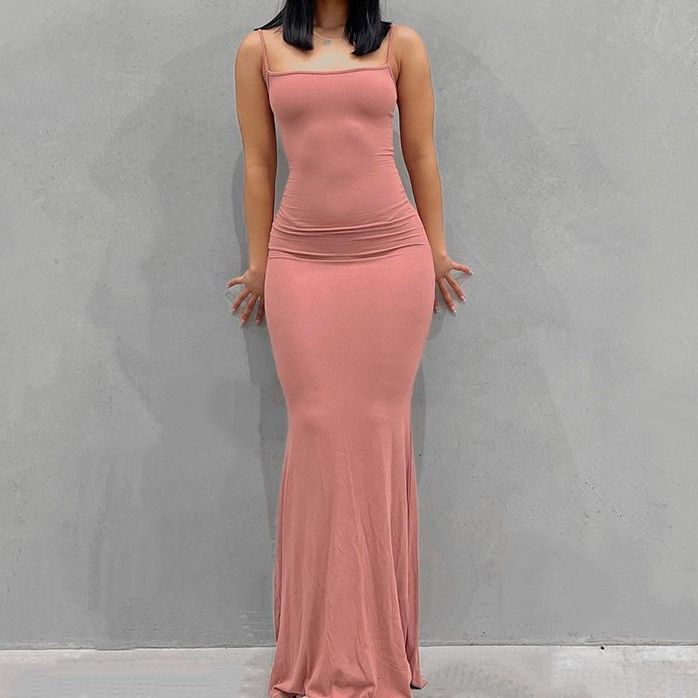 Suspender dress European and American women's clothing high-end pure desire style hip skirt sexy slim milk silk long fishtail skirt
