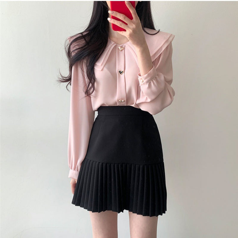 Chiffon shirt suit female spring and autumn temperament two-piece design double-layer doll collar top half-length pleated skirt