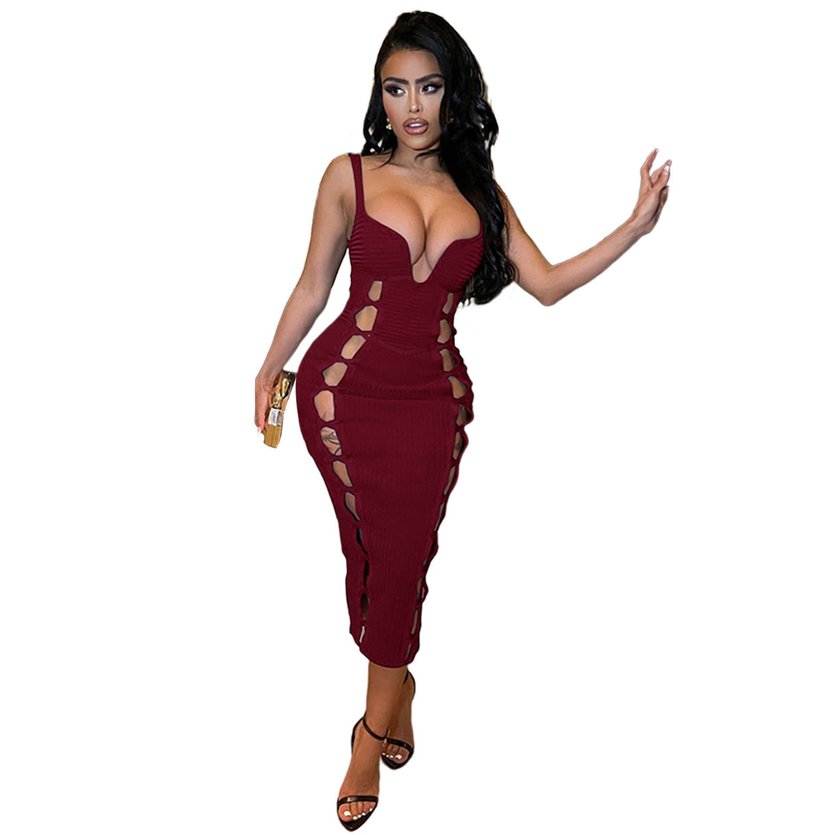 Q22S8068 European and American women's clothing Amazon 22 spring new solid color thread hollow out nightclub sexy dress