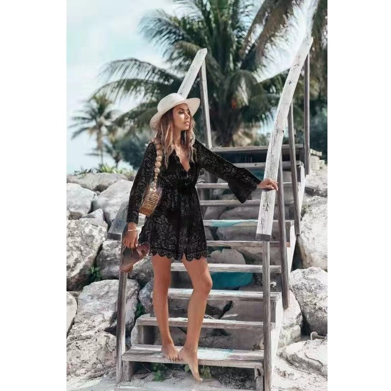Cross-border 2022 summer hot style bikini cover-up European and American sexy V-neck sunscreen shirt Amazon lace beach skirt