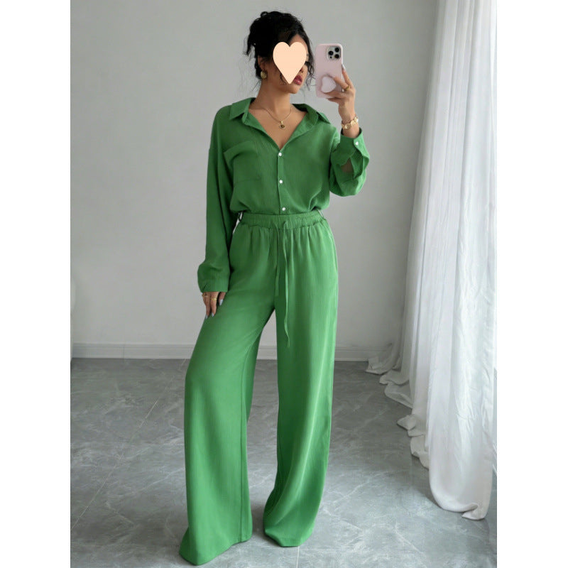 European and American cross-border spring new style elegant fashion women's two-piece set plus size faux linen shirt set high waist loose trousers