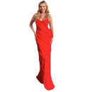 European and American foreign trade women's spring and summer sexy backless sling U-neck off-shoulder wave slim side slit dress long