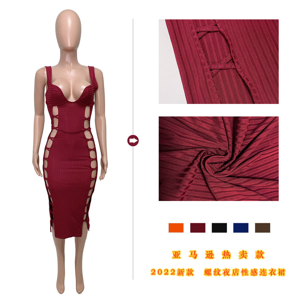 Q22S8068 European and American women's clothing Amazon 22 spring new solid color thread hollow out nightclub sexy dress