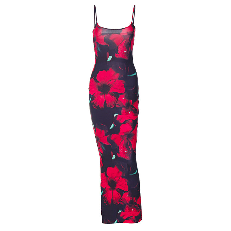 European and American style AliExpress hot selling new fashion printing U-neck suspenders slim sexy style women's dress wholesale
