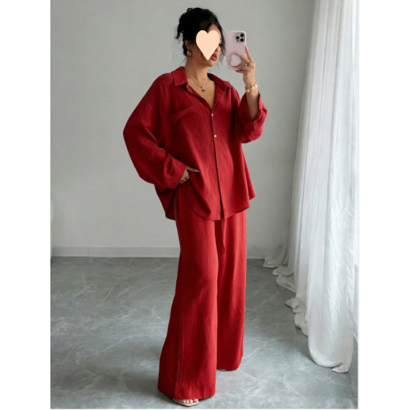 European and American cross-border spring new style elegant fashion women's two-piece set plus size faux linen shirt set high waist loose trousers