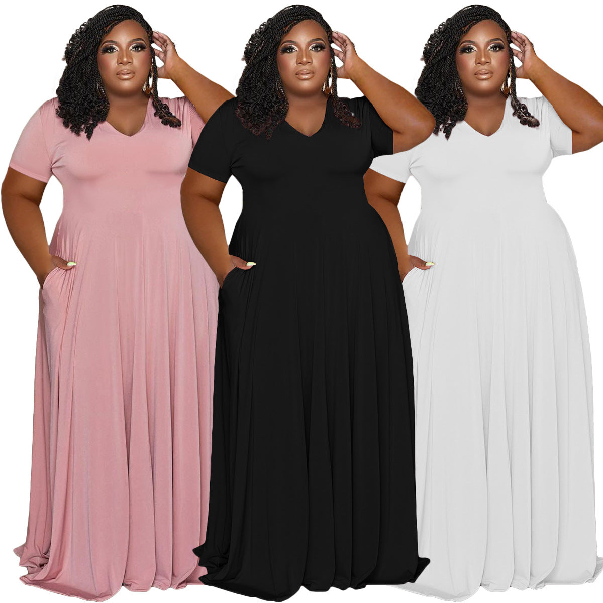 FAGADOER Elegant Solid Plus Size Dress XL-5XL Women Short Sleeve A-line Folding Dress Fashion Casual Clothing Streetwear Robe 2022