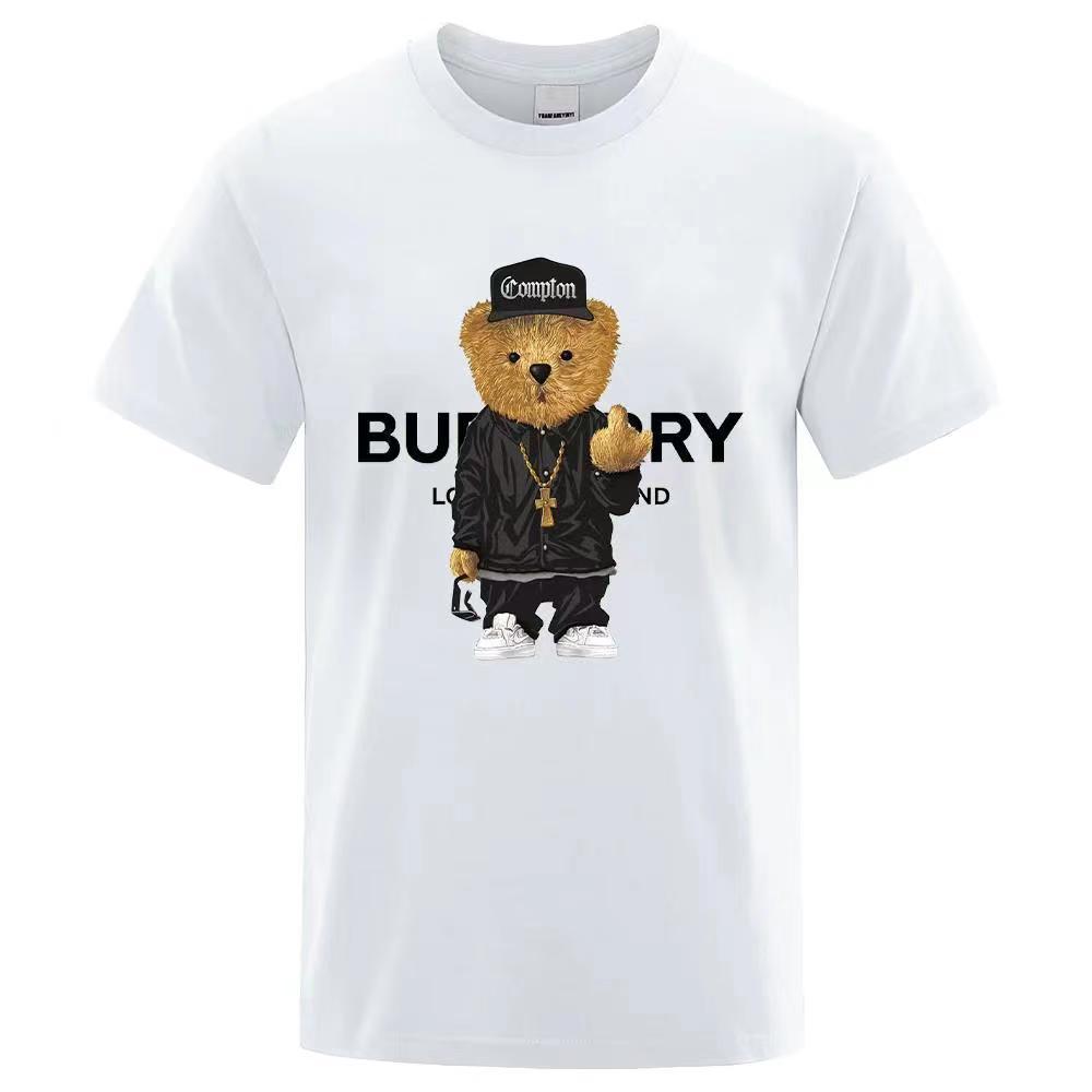Factory direct stock of trendy new men's T-shirts with bear print, loose fit, crew neck, and sporty design.