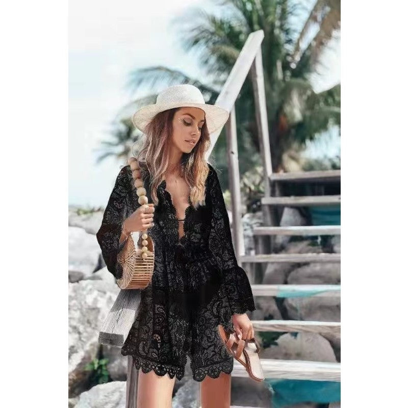 Cross-border 2022 summer hot style bikini cover-up European and American sexy V-neck sunscreen shirt Amazon lace beach skirt