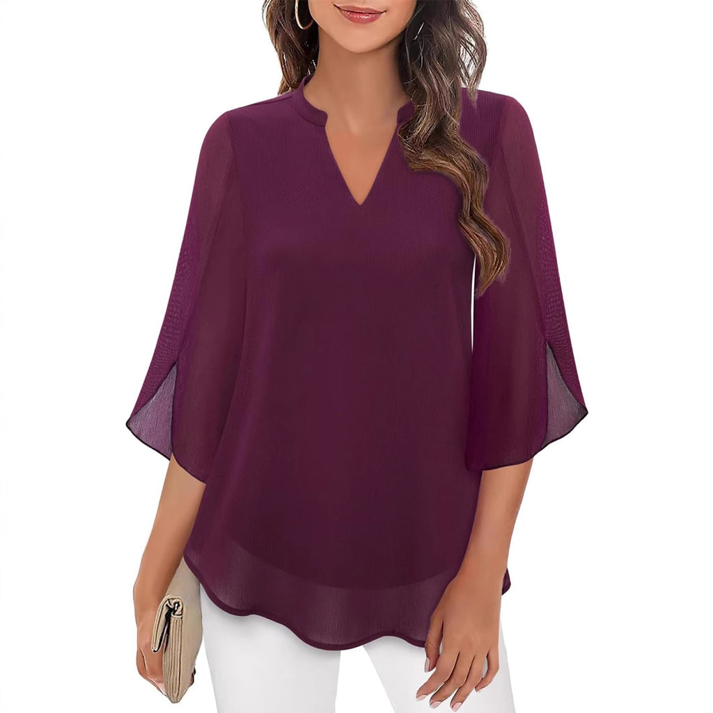 2025 Cross-Border Amazon Casual Summer New European and American Style Women's Petal Sleeve Top Loose V-Neck Chiffon Shirt