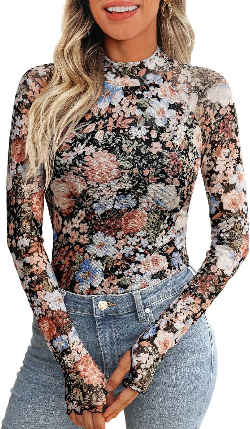 Cross-border e-commerce, Europe and America, Amazon TK2025 best-selling pullover turtleneck long-sleeved lace floral mesh base layer T-shirt for women