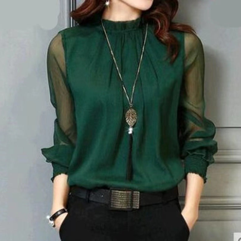 Chiffon shirt women's spring and autumn 2023 new design niche trendy black long-sleeved lace V-neck top women