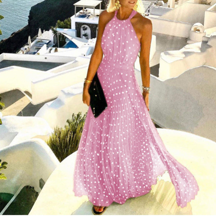 2021 European and American foreign trade new style round neck sleeveless printed pleated dress women's dress long skirt