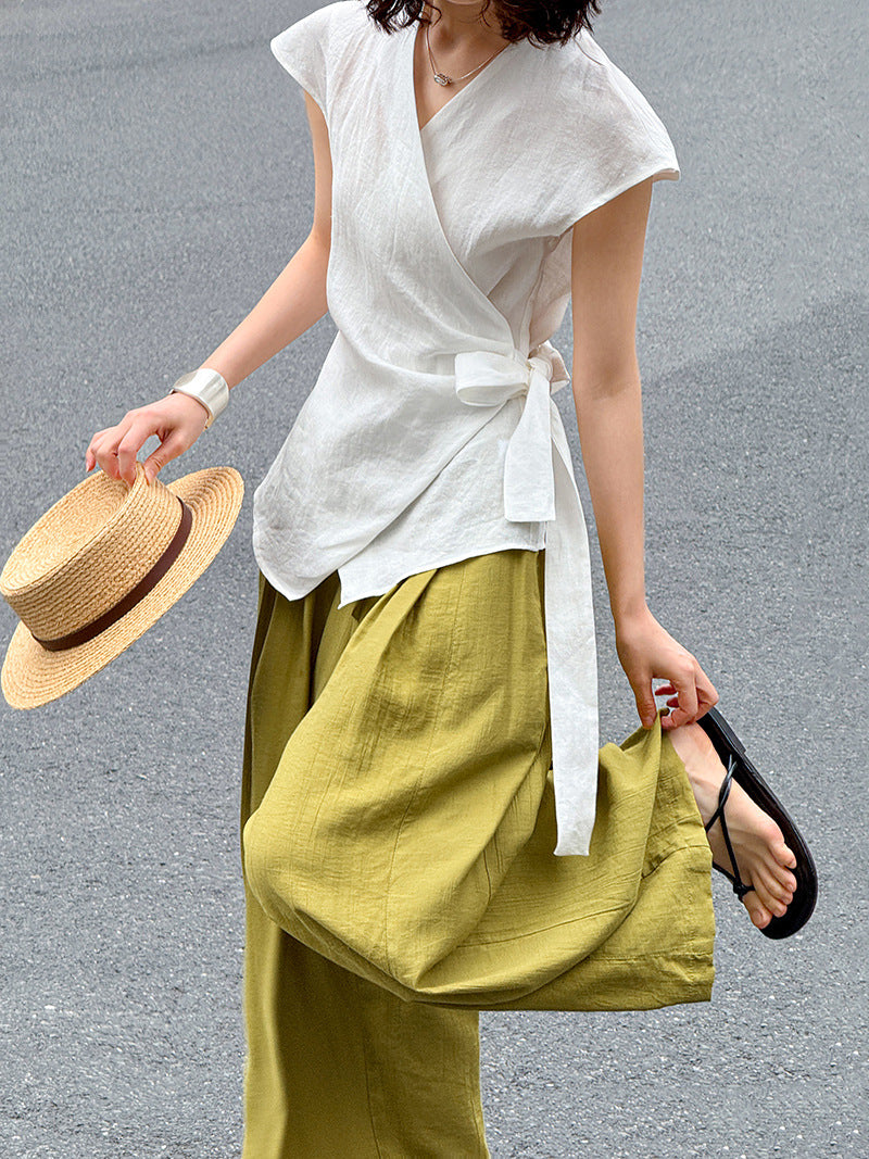 Juzhi Summer New Fashionable Casual Ramie Shirt Women's Irregular Vest Versatile Top 8011-1
