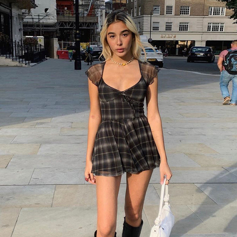 Fashion trend 2021 European and American style foreign trade spring and summer new products women's sexy slim plaid square neck dress women