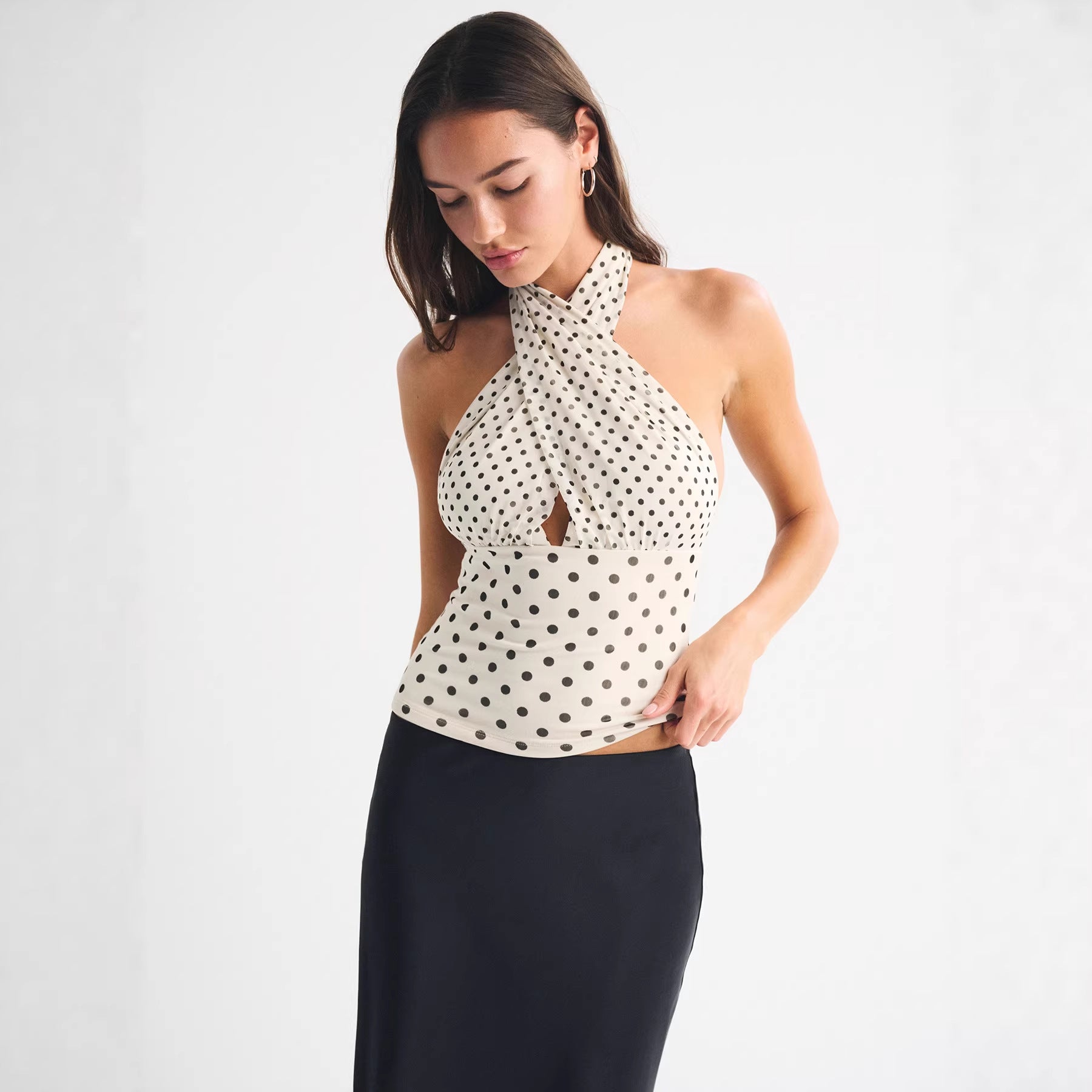 Sexy European and American style retro polka dot halter top, summer color-blocked camisole, mesh base layer.
